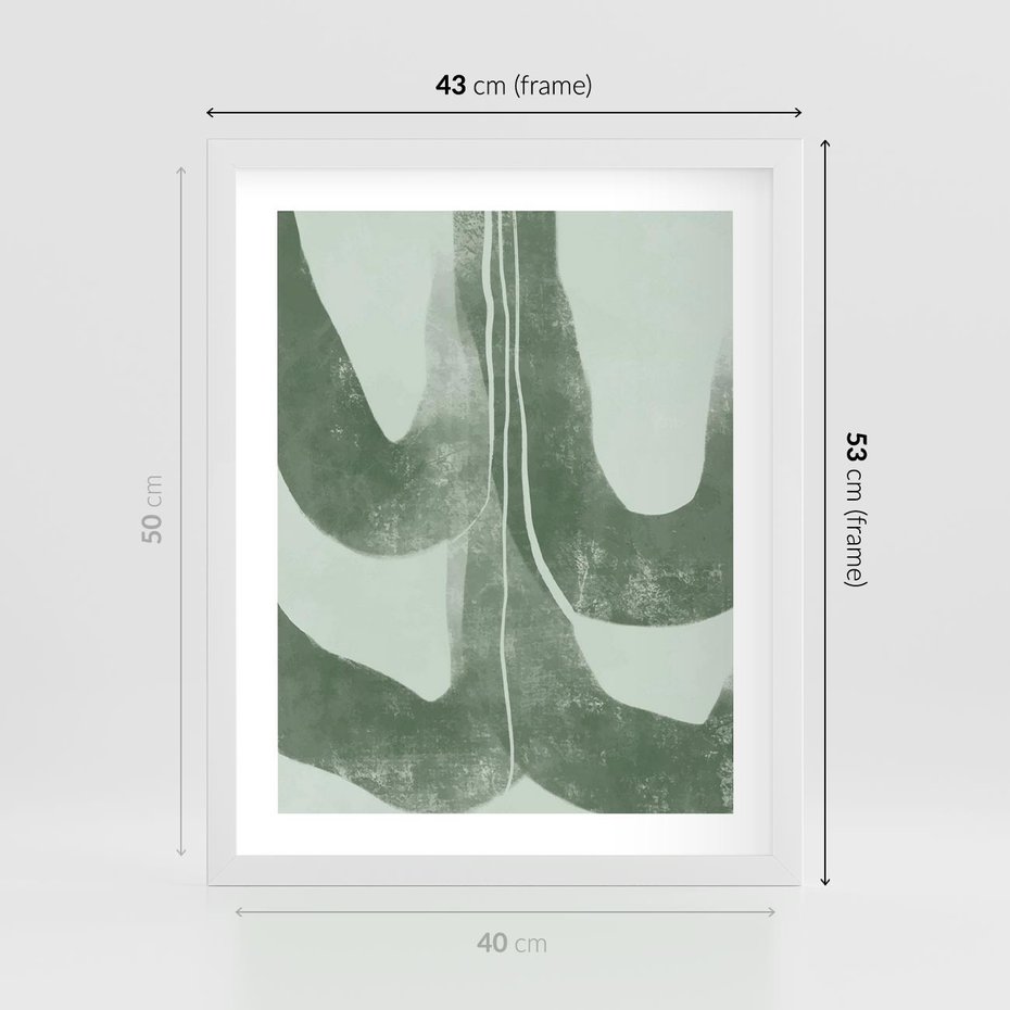 Plakat w ramie 40x50 - Nurtująca Kompozycja Zieleni - abstrakcyjne delikatne zielone linie, podobne do gałęzi kwiatów - rama biała