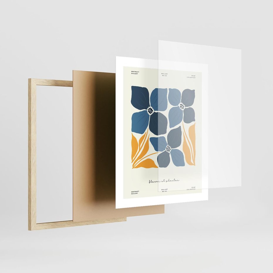 Plakat w ramie 40x50 - Błękitne Nowości - niebieskie kwiaty, nowoczesna sztuka - rama drewno
