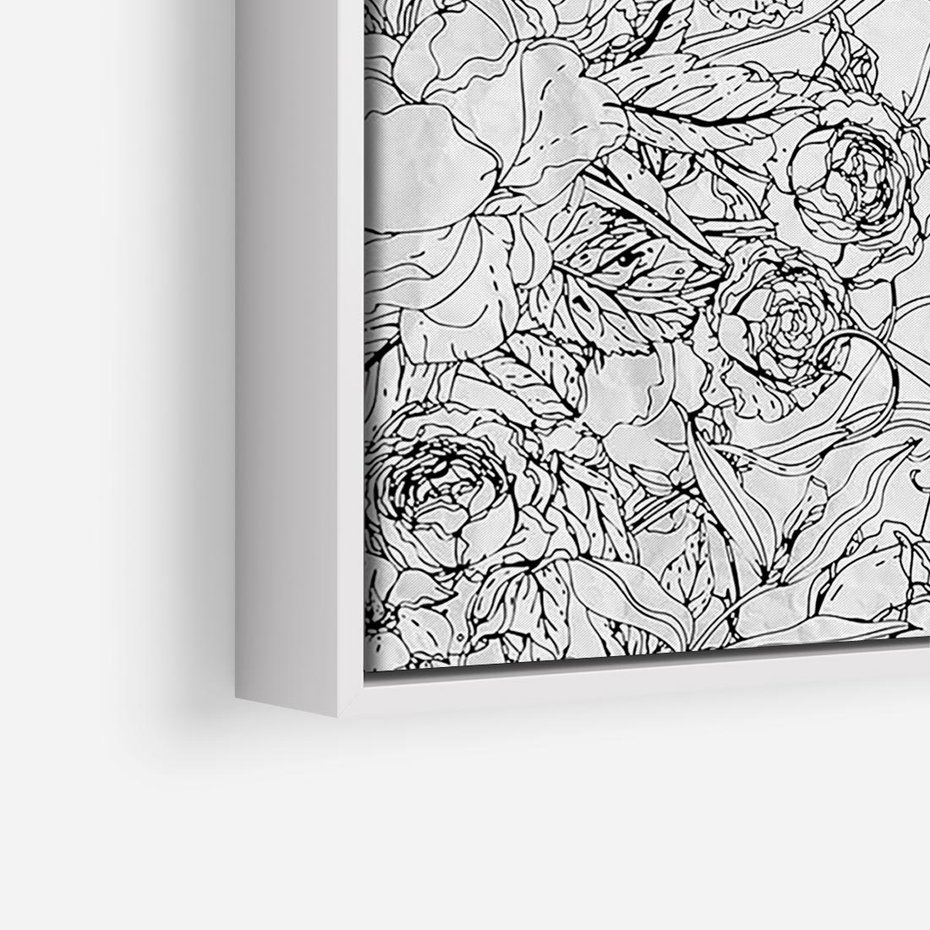 Obraz w ramie 50x50 - Refleksje w martwym punkcie - graficzny szkic, kompozycja kwiatów - rama biała