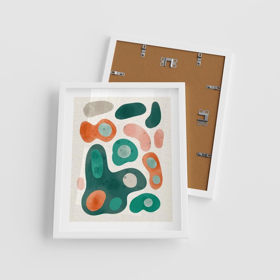 Plakat w ramie 40x50 - Kolorowe Przenikanie - przypadkowe abstrakcyjne plamy, pomarańczowy i zielony - rama biała