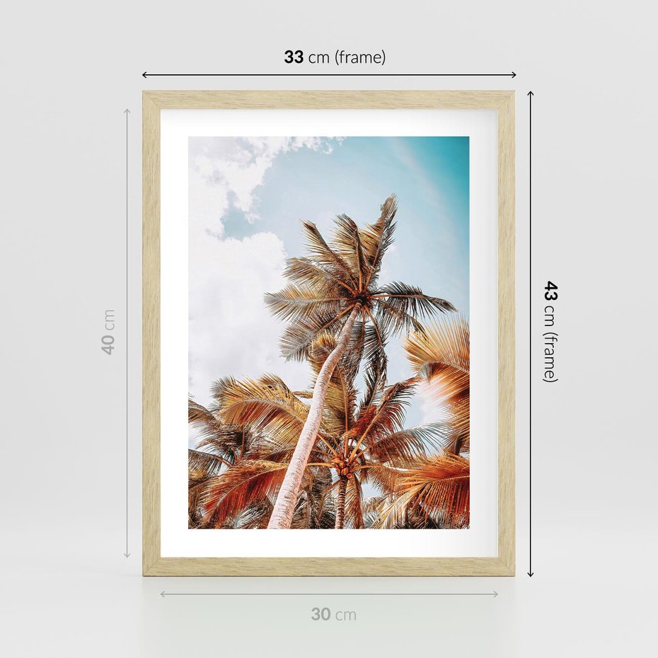 Plakat w ramie 30x40 - Plażowa Idylla z Palmami - palmy, rajska plaża - rama drewno