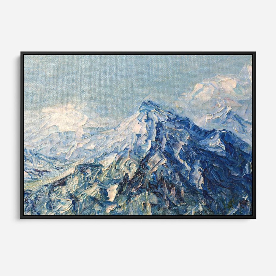 Obraz w ramie 70x50 - Majestat Błękitnych Szczytów - olejny obraz, górski pejzaż - rama czarna