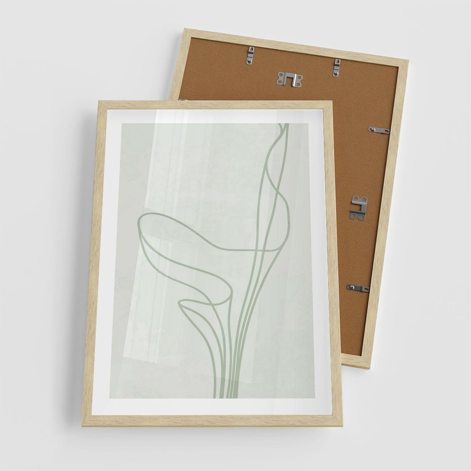 Plakat w ramie 50x70 - Zielona Równowaga Linii - abstrakcyjne delikatne zielone linie, nowoczesny plakat - rama drewno