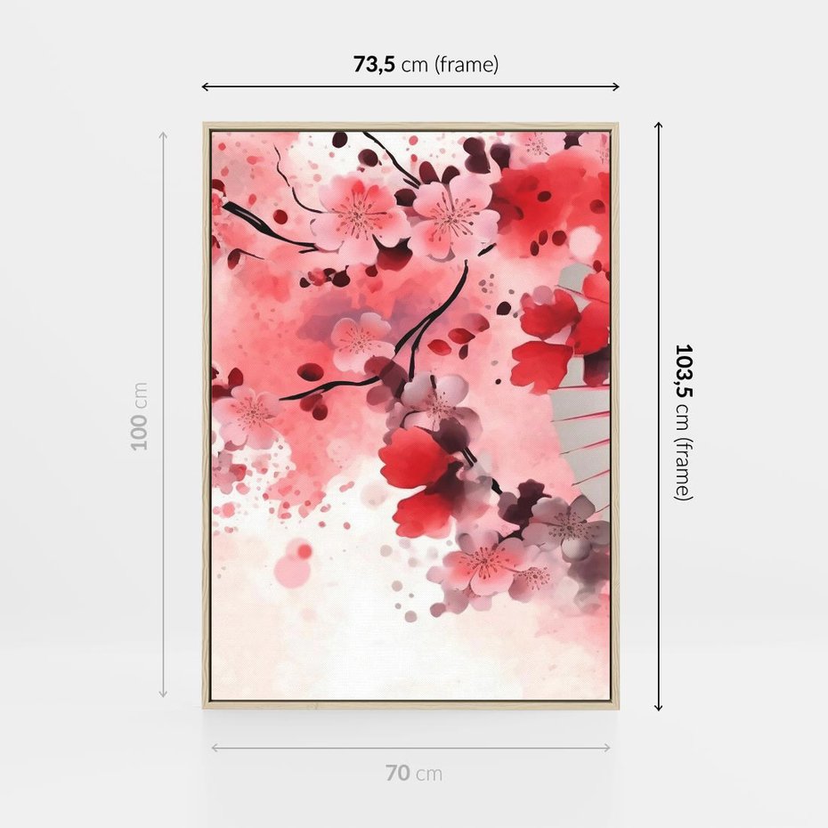 Obraz w ramie 70x100 - Szept Kwitnącej Wiśni - japoński parasol, liście - rama drewno