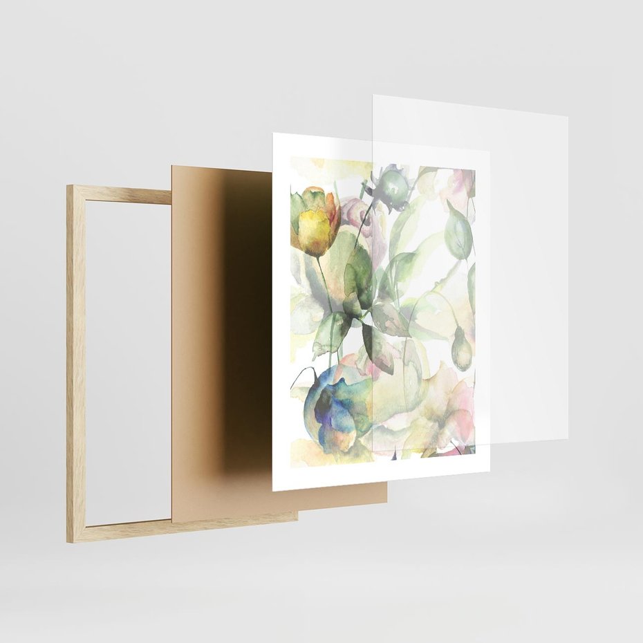 Plakat w ramie 40x50 - Delikatne Kolory - akwarelowe, kwiaty - rama drewno