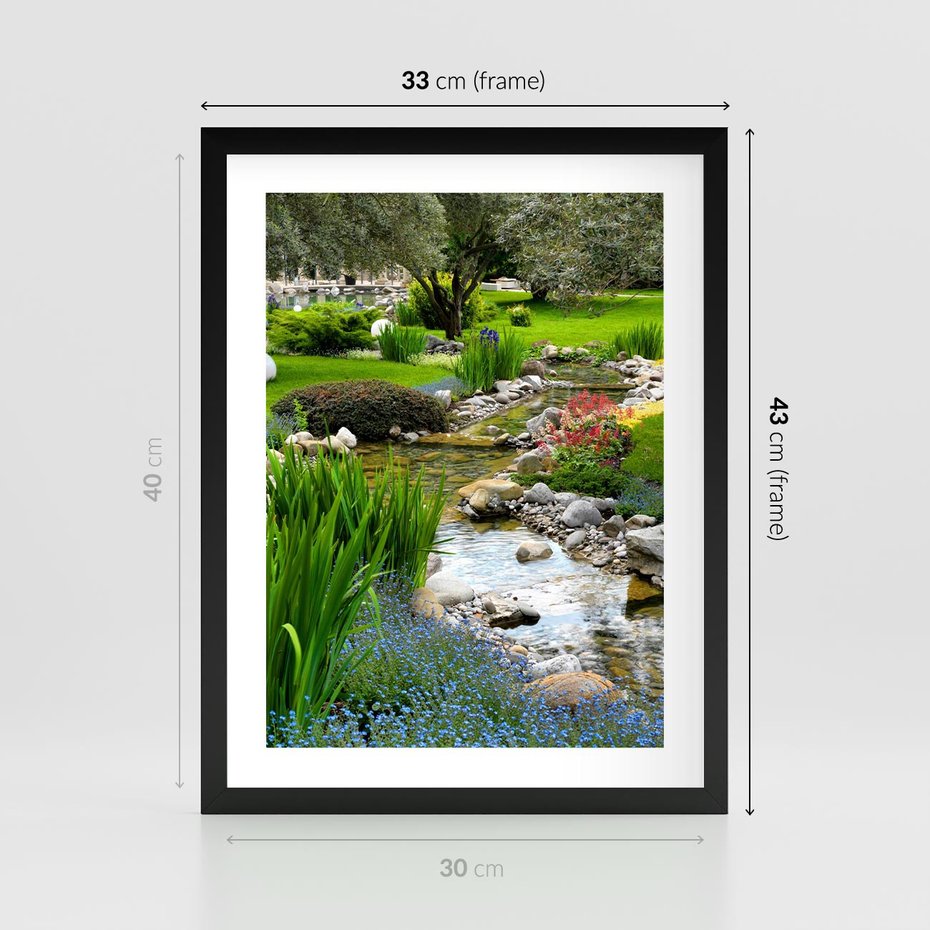 Plakat w ramie 30x40 - Ogródowy Strumyk - strumyk, ogród - rama czarna
