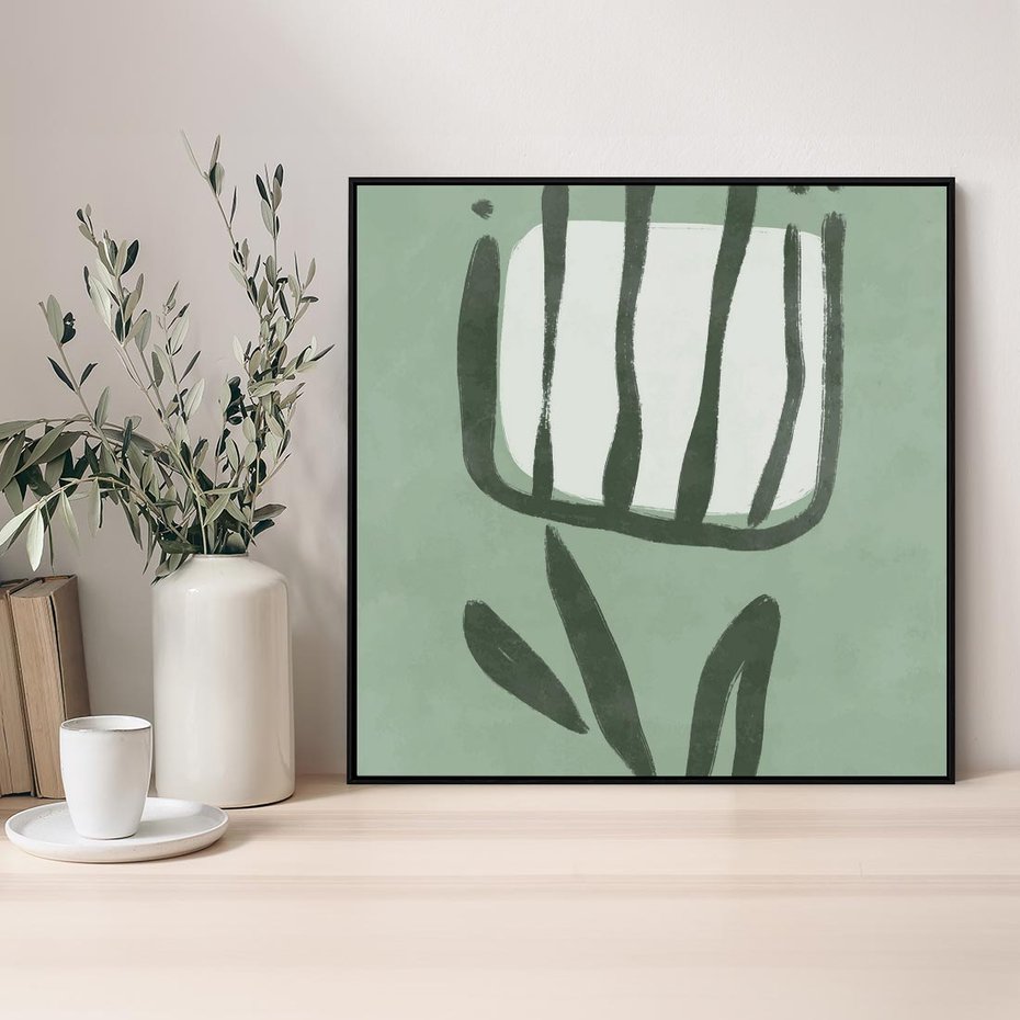 Obraz w ramie 50x50 - Objęcia Zieleni - zielona abstrakcja, zgaszona zieleń - rama czarna