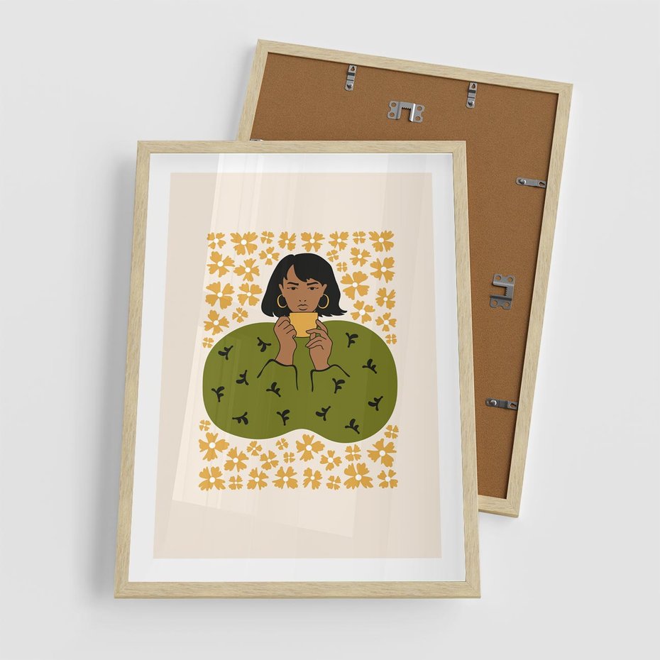 Plakat w ramie 50x70 - Wewnętrzne Fale - nowoczesny plakat, kobieta otoczona liśćmi - rama drewno