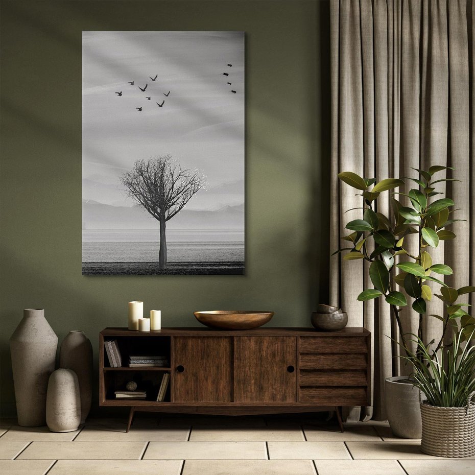 Obraz na płótnie 70x100 - Samotne Drzewo - samotne drzewo w polu, czarno białe zdjęcie