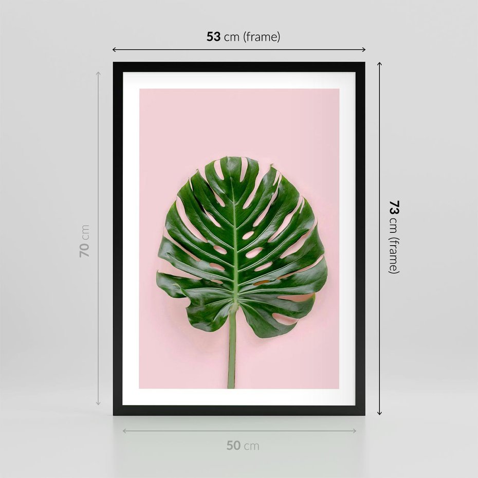 Plakat w ramie 50x70 - Monstera w Różowym Świetle - liść monstery, różowe tło - rama czarna