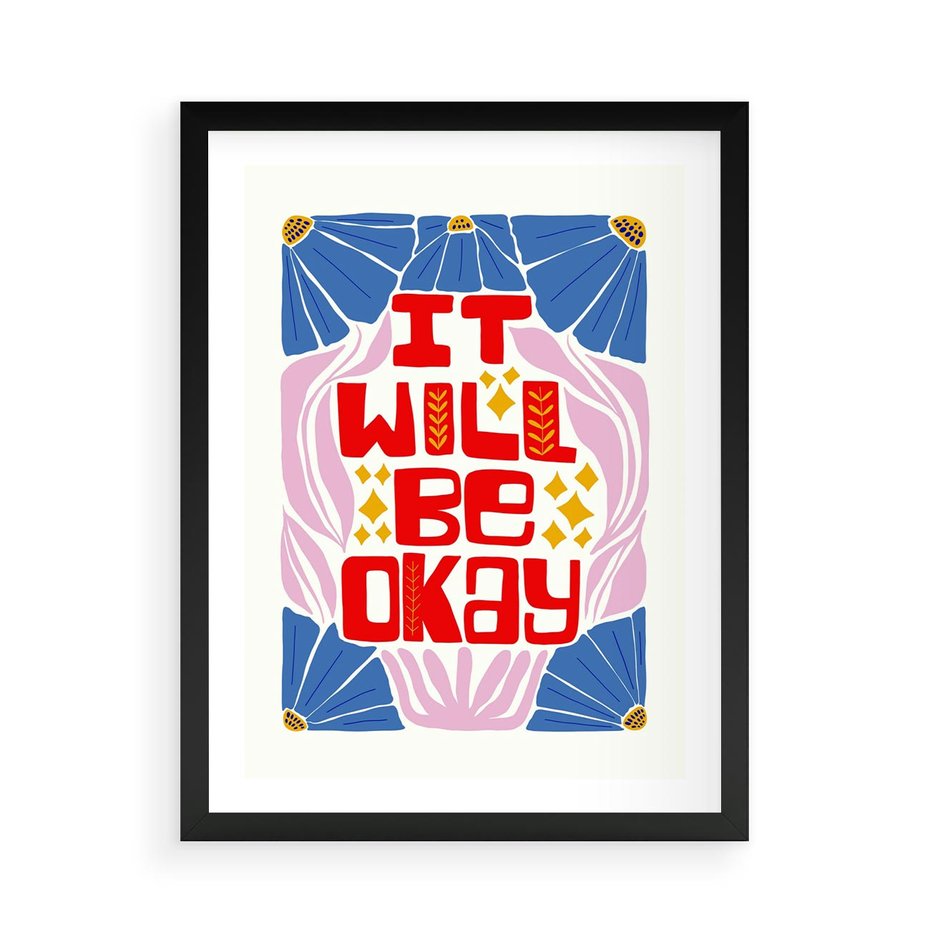 Plakat w ramie 50x70 - Kwiatowa Ekstaza - czerwona pozytywna typografia, kwiatowa kompozycja - rama czarna