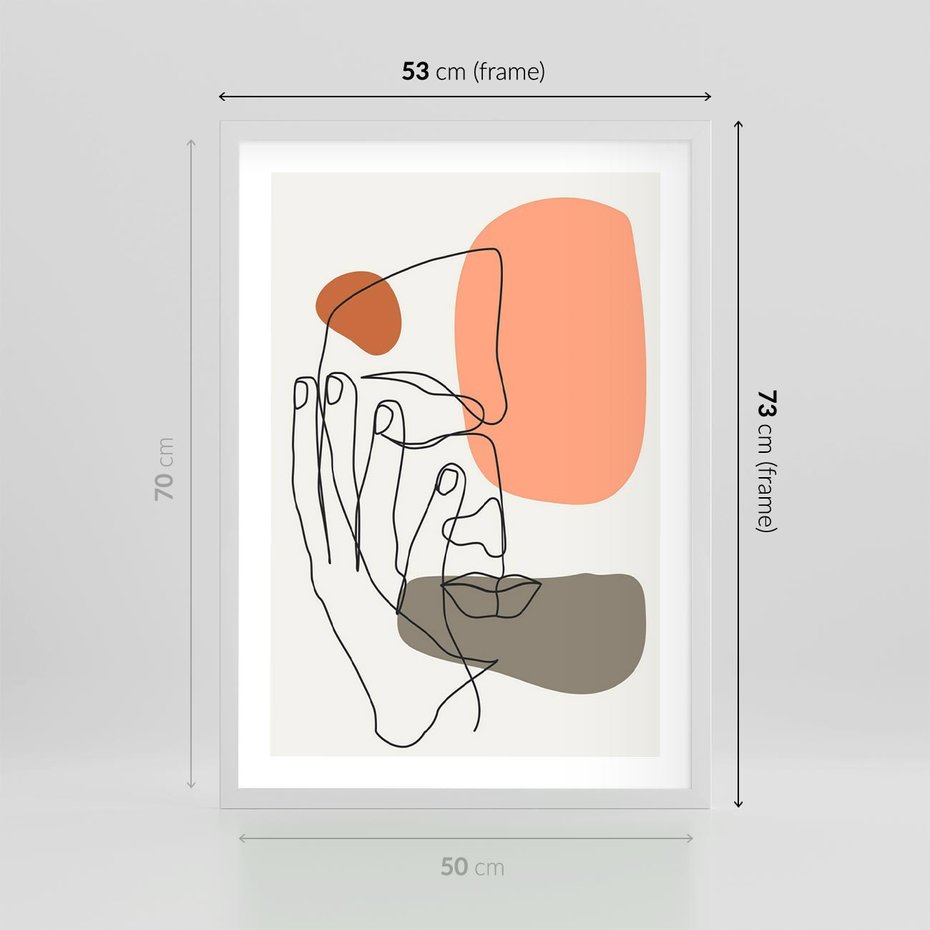 Plakat w ramie 50x70 - Ekspresja Kolorów: Szkic - one line szkic twarzy, kolorowe plamy - rama biała