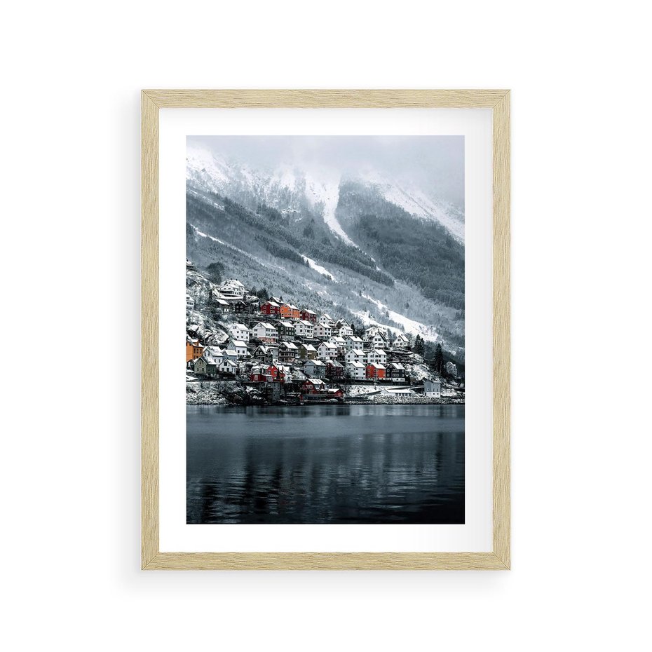 Plakat w ramie 30x40 - Skandynawia na Wzgórzach - domki na wzgórzu, skandynawia - rama drewno