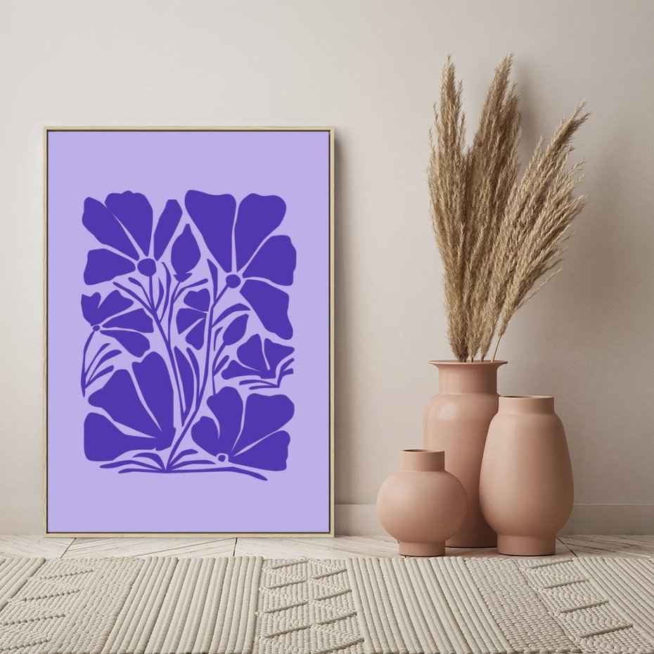 Obraz w ramie 80x120 - Migocące Boho Wibracje - kwiaty, energetyczne fioletowe tło - rama drewno