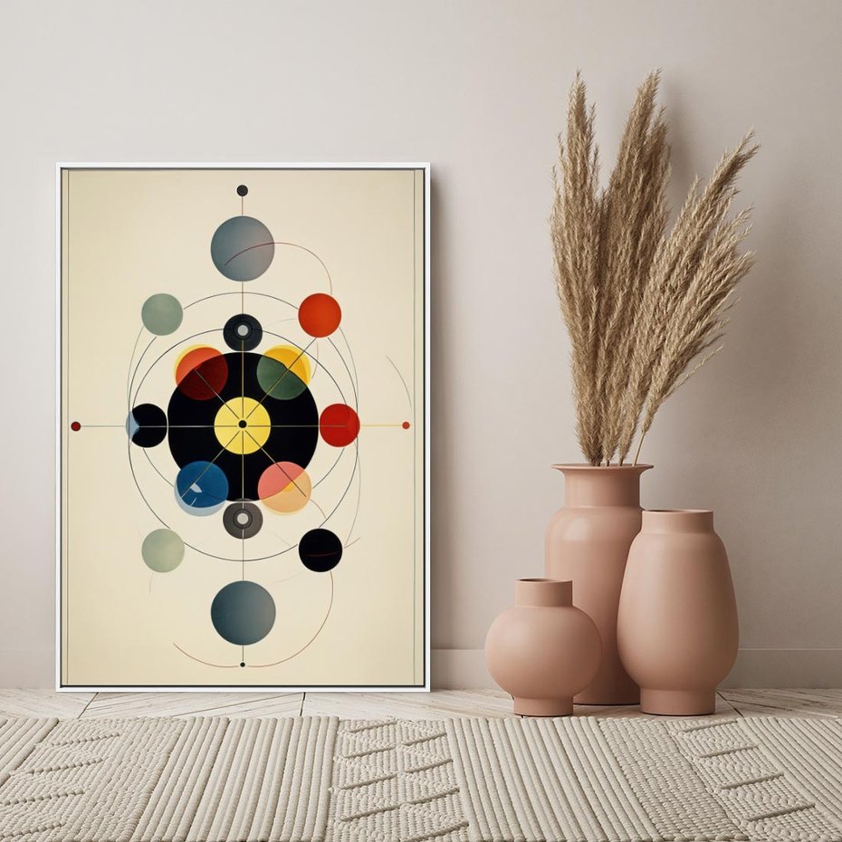 Obraz w ramie 80x120 - Bezgraniczny Taniec Światła - abstrakcyjna geometryczna kompozycja, koła linie - rama biała