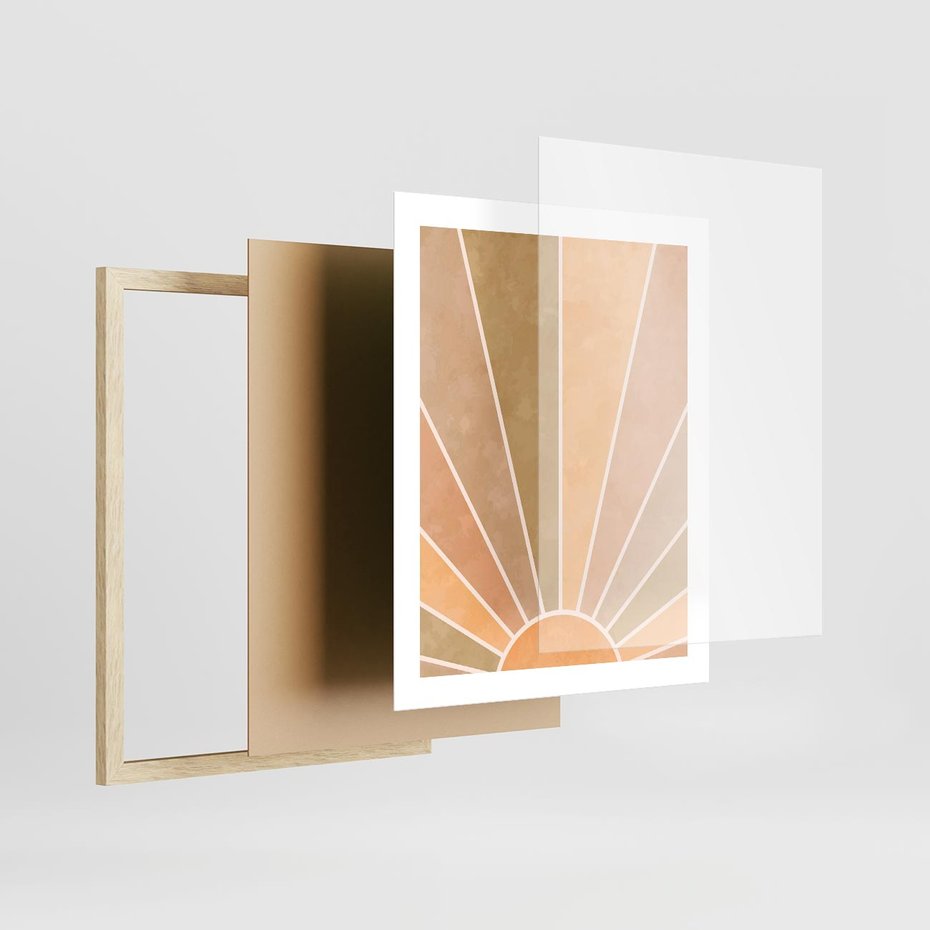 Plakat w ramie 40x50 - Grafika Boho w Odcieniach Pomarańczu - boho słońce, grafika - rama drewno