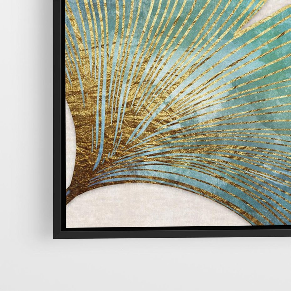 Obraz w ramie 100x70 - Złota Melodia Liści - złote, turkusowe liście miłorzębu - rama czarna