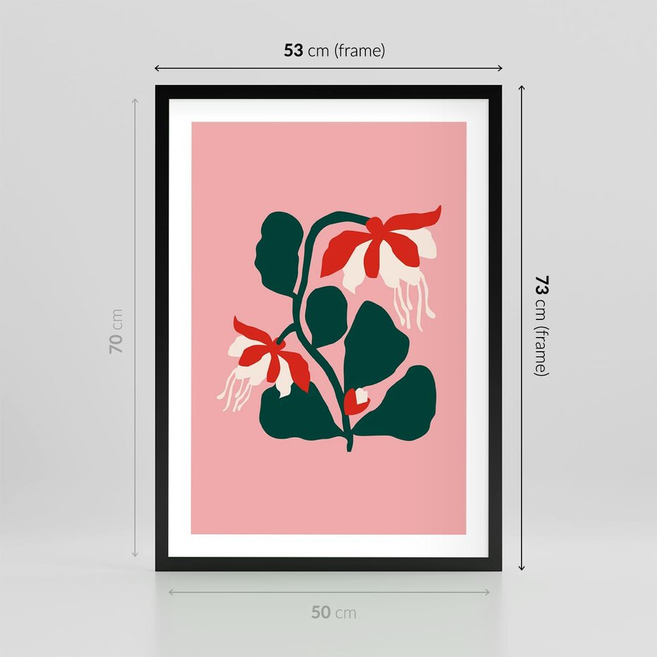 Plakat w ramie 50x70 - Migotliwa Kreatywność - abstrakcyjne kwiaty, różowe tło - rama czarna