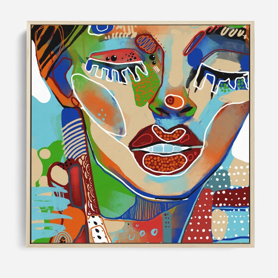 Obraz w ramie 80x80 - Kolorowe Formy - abstrakcyjny portret kobiety, twarz - rama drewno