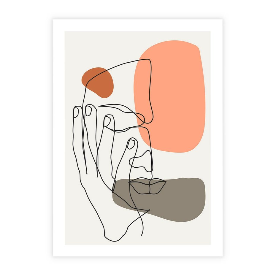 Plakat bez ramy 21x30 - Ekspresja Kolorów: Szkic - one line szkic twarzy, kolorowe plamy