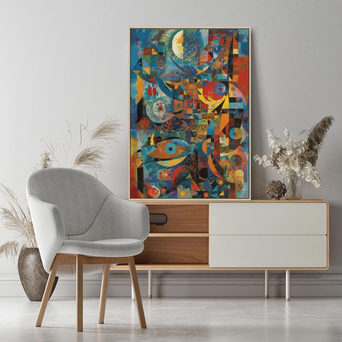 Obraz w ramie 50x70 - Migotliwe Przesunięcia Konturów - abstrakcyjny obraz, sztuka abstrakcji - rama drewno