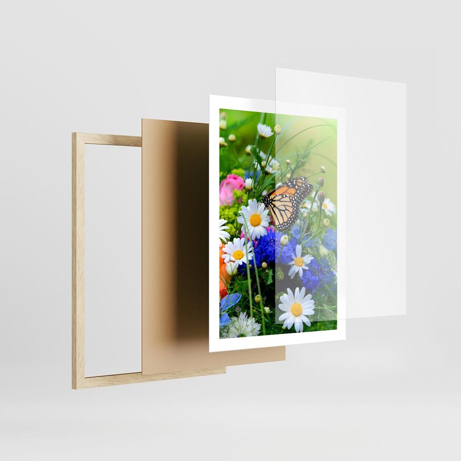 Plakat w ramie 50x70 - Kwiatowy Taniec - motyl, kwiaty - rama drewno