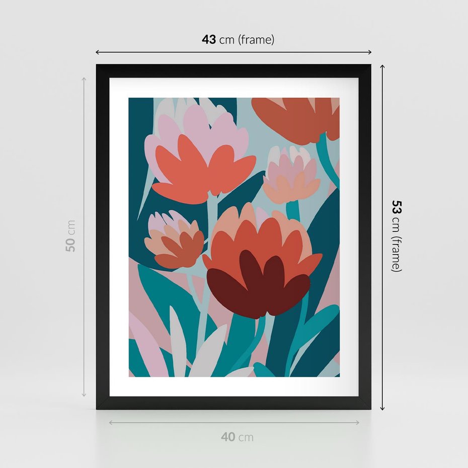 Plakat w ramie 40x50 - Symfonia Kwiatów - abstrakcyjna kompozycja kwiatowych form, kolor zgaszone - rama czarna