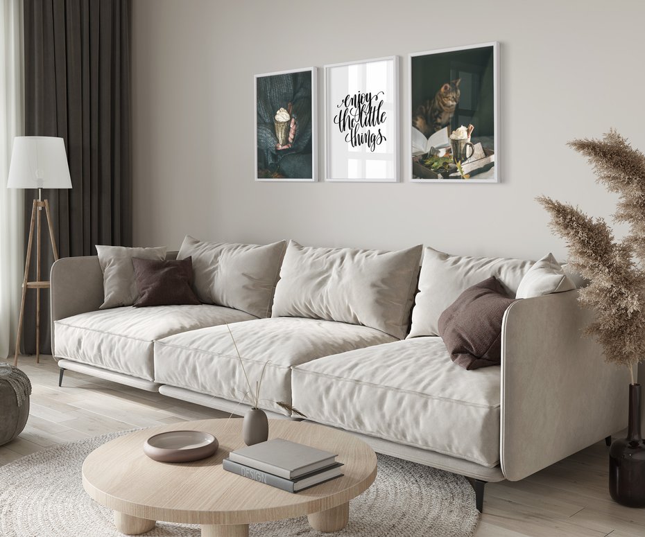 Zestaw obrazy w ramie 50x70 galeria - Optymistyczny, napis, cytat, kawa - rama biała