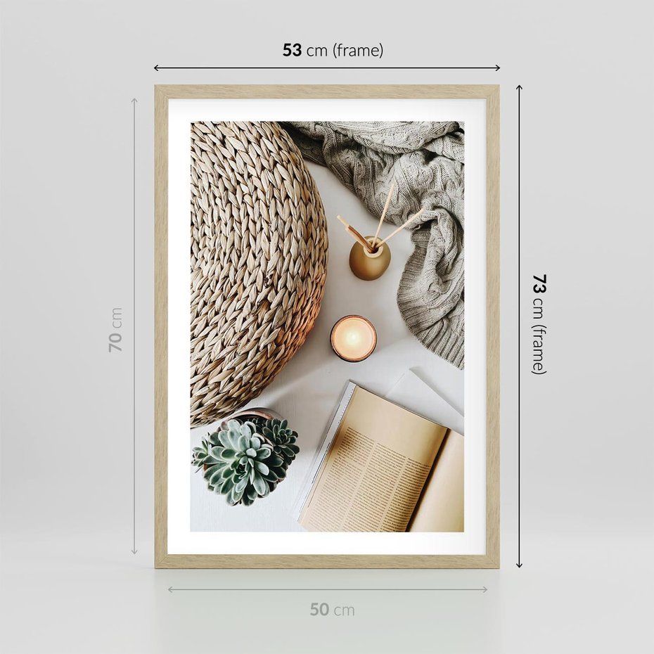 Plakat w ramie 50x70 - Przytulna Kompozycja Lifestyle - kompozycja lifestyle, wiklina - rama drewno