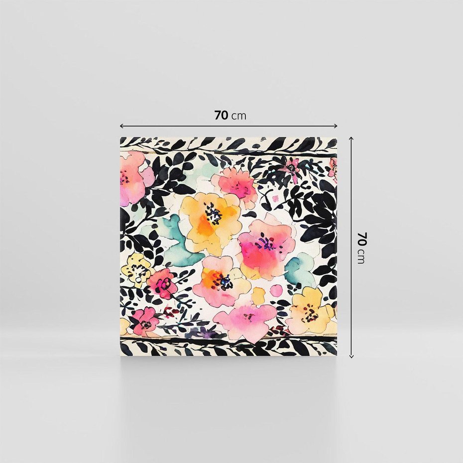 Obraz na płótnie 70x70 - Opowieść w kroplach farb - akwarelowe kwiaty, mocna ornamentowa czarna ramka namalowana dookoła obrazu