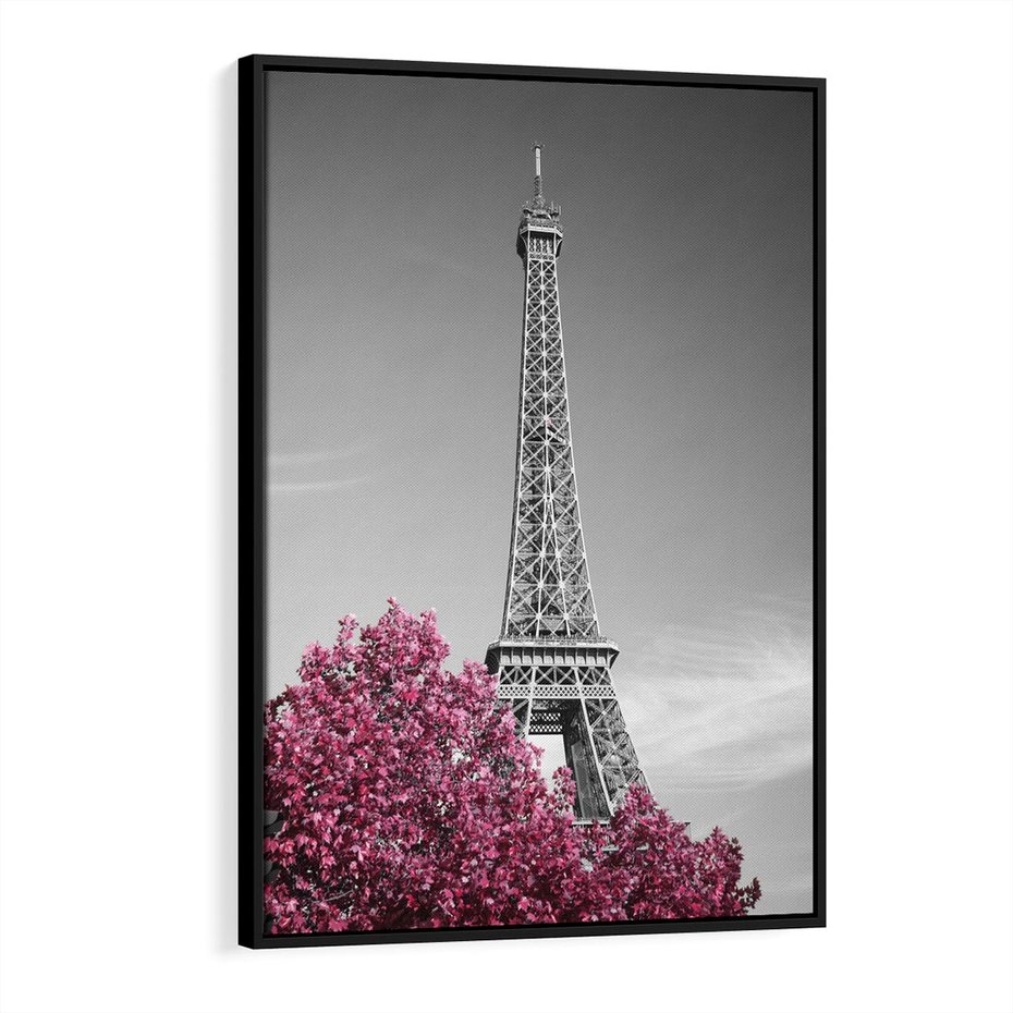 Obraz w ramie 70x100 - Różowy Paryż - czarno białe zdjęcie, wieża eiffla - rama czarna