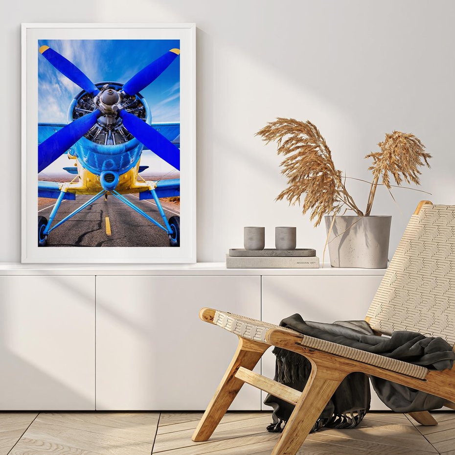 Plakat w ramie 40x50 - Śmigłowiec indygo - samolot, śmigło - rama biała