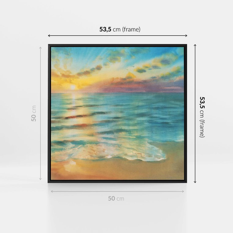 Obraz w ramie 50x50 - Objawienie Fioletowego Świtu - fioletowy wschód słońca, słońce wschodzi nad morzem - rama czarna