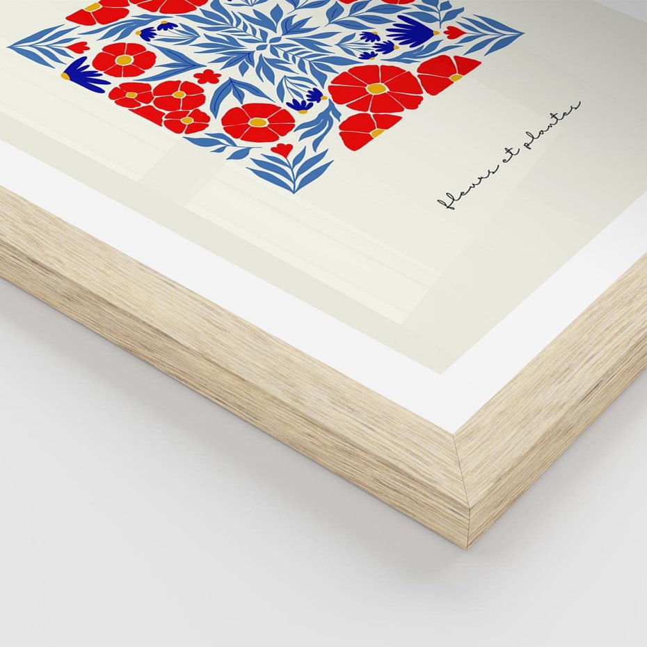 Plakat w ramie 40x50 - Tajemnicza Droga - nowoczesna kwiatowa kompozycja, czerwony i niebieski - rama drewno