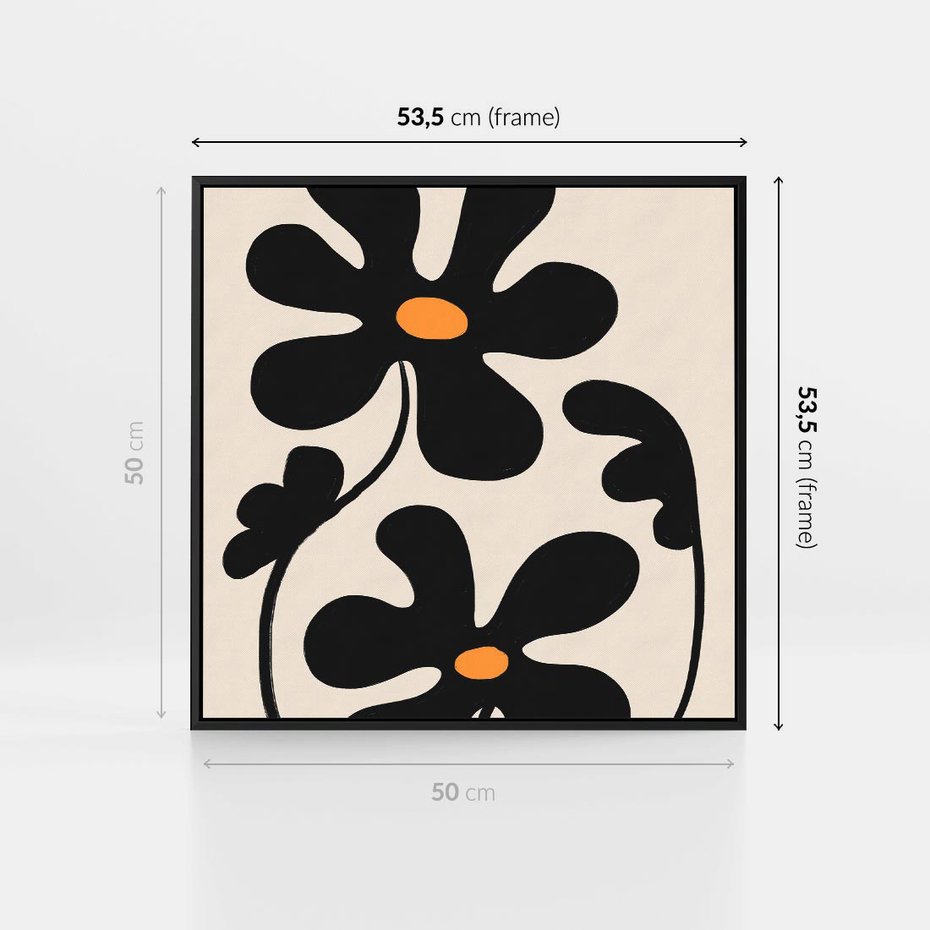 Obraz w ramie 50x50 - Wyjątkowość Boho - minimalistyczny abstrakcyjny obraz, prymitywne kwiaty - rama czarna