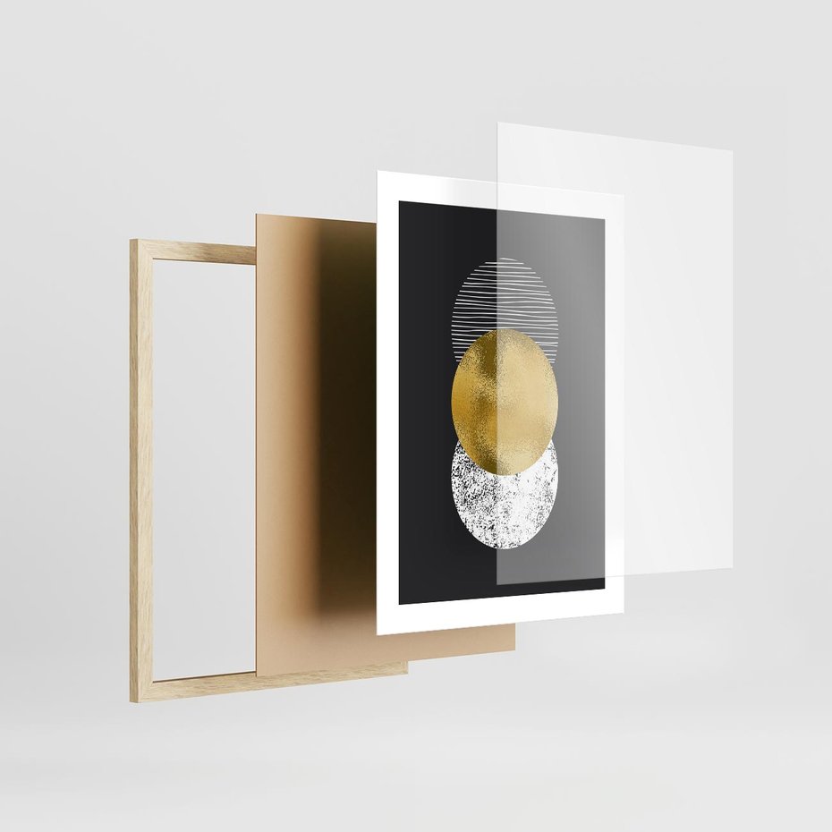 Plakat w ramie 30x40 - Geometryczna Perfekcja: Złote Koło - geometryczna grafika, złote koło - rama drewno