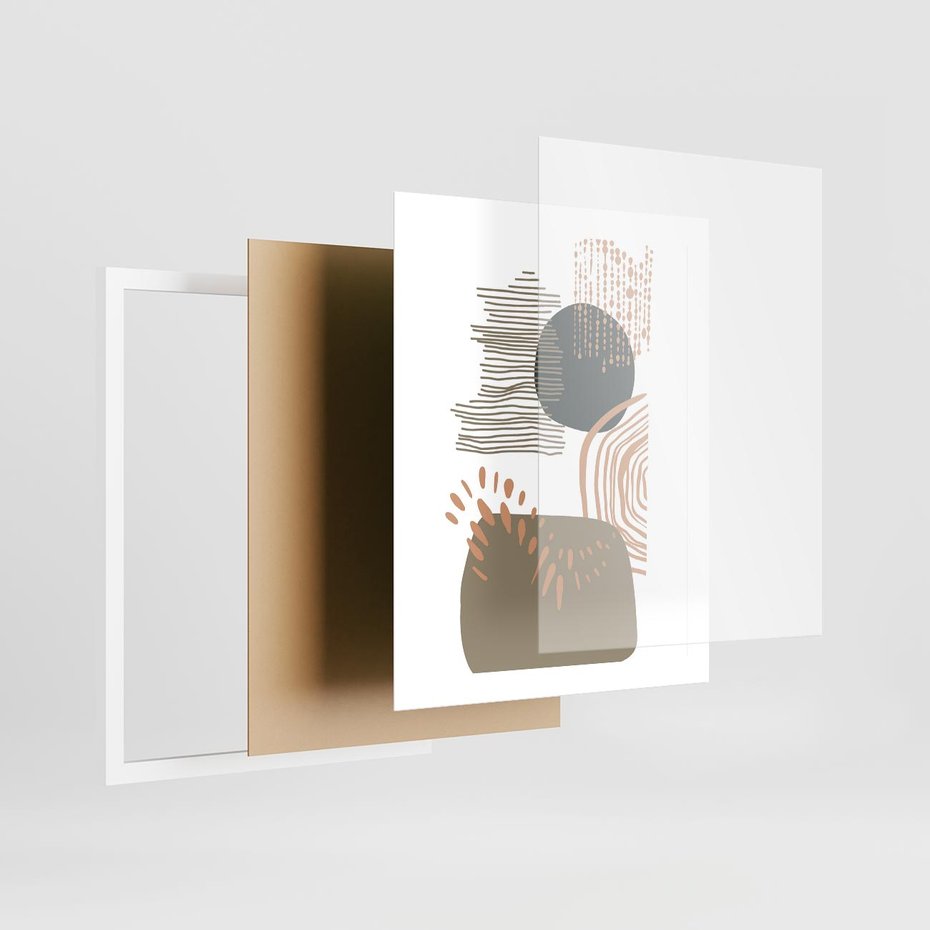 Plakat w ramie 40x50 - Taniec Plam - abstrakcyjna kompozycja z kropek kresek i kółek, odcienie brązu i beżu - rama biała