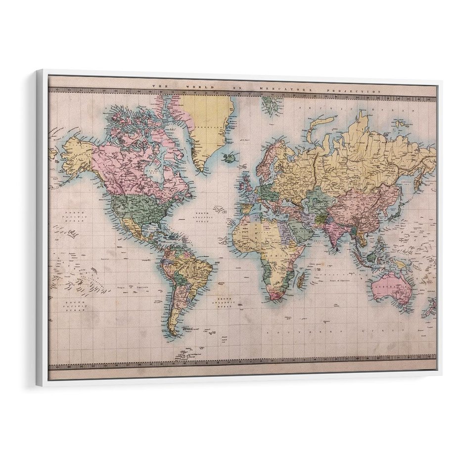 Obraz w ramie 70x50 - Światło Przeszłości - retro mapa świata, mapa - rama biała