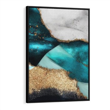 Obraz w ramie 70x100 - Rozlane Turkusy - Turkusowe plamy, złote elementy - rama czarna