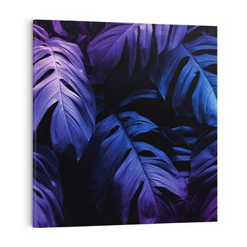 Obraz na płótnie 50x50 - Mroczna Magia Dżungli - mroczna grafika, fioletowe liście monstery na czarnym tle