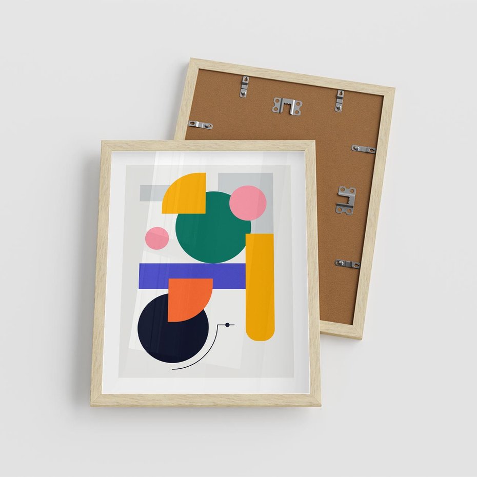 Plakat w ramie 40x50 - Przestrzenne Innowacje - nowoczesna sztuka, geometryczna kolorowa grafika - rama drewno