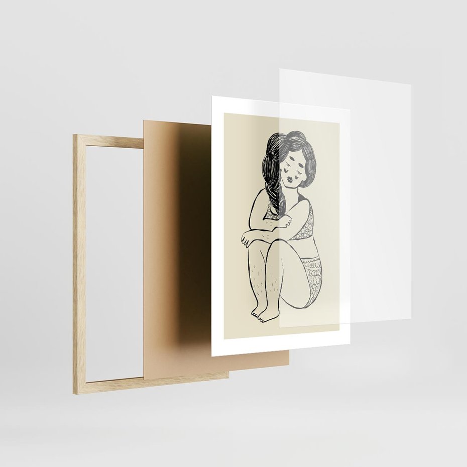 Plakat w ramie 30x40 - Migotliwe Refleksje - nowoczesny minimalistyczny rysunek, dziewczyna w bieliźnie - rama drewno