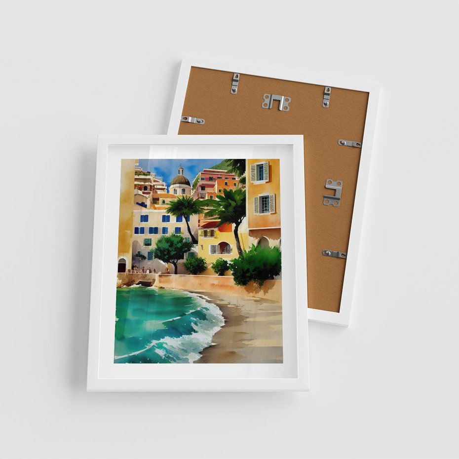 Plakat w ramie 40x50 - Zamieszkajmy Tu - akwarela, śródziemnomorski klimat - rama biała