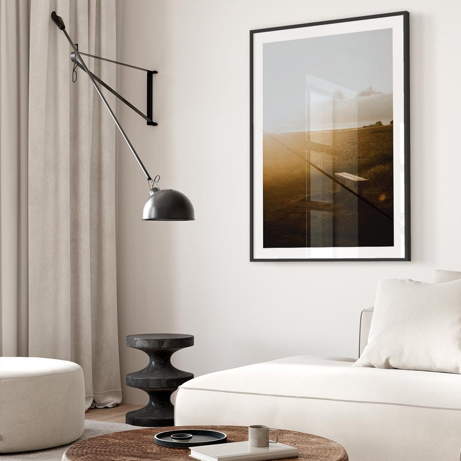 Plakat bez ramy 30x40 - Mglisty zachód słońca na ławeczce - mgła, zachód