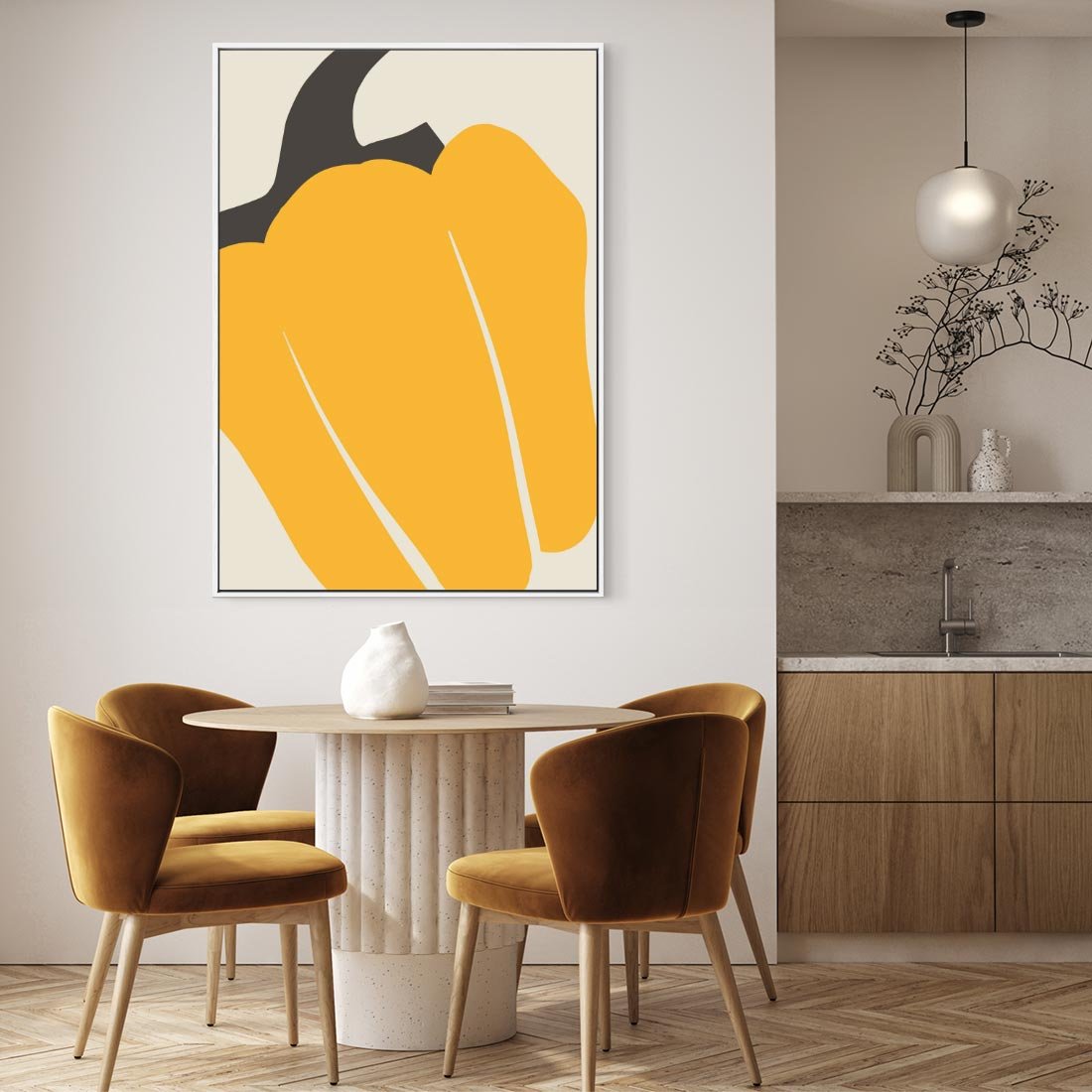 Obraz w ramie 80x120 - Migocące Formy - abstrakcyjny minimalistyczny obraz, żółta papryczka - rama biała