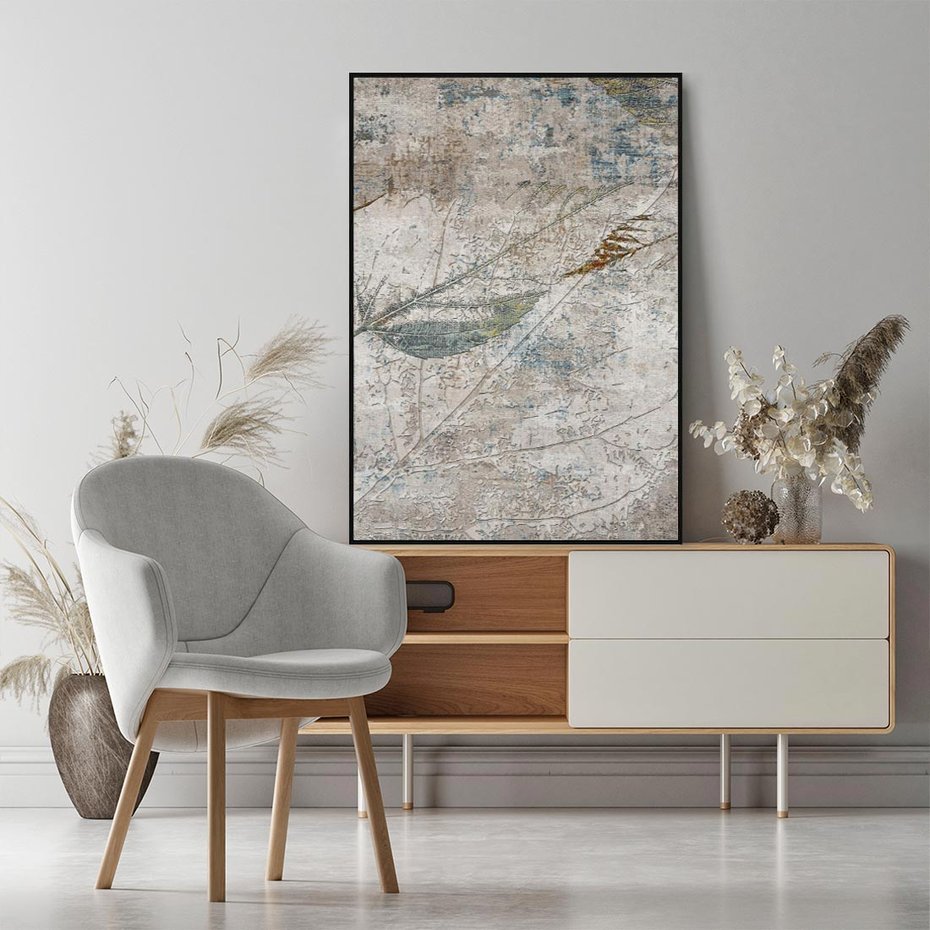 Obraz w ramie 50x70 - Betonowe Wspomnienia Liści - odciski w betonie, odbitki - rama czarna