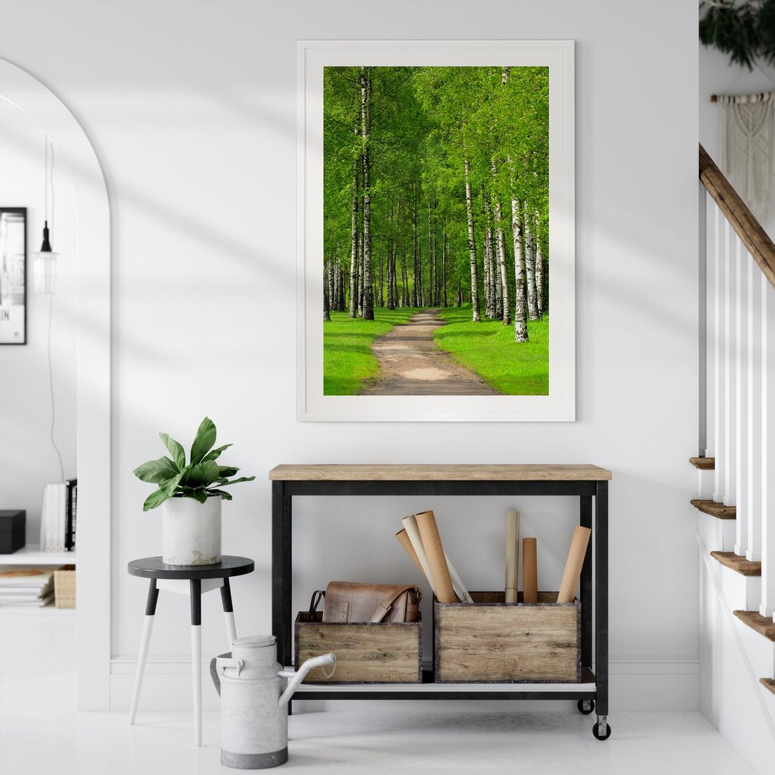 Plakat w ramie 50x70 - Spacer Ścieżką w Urokliwym Lesie - las, ścieżka - rama biała