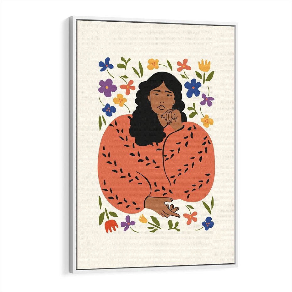 Obraz w ramie 50x70 - Rozplątane Emocje - nowoczesny plakat, kobieta otoczona kwiatami - rama biała