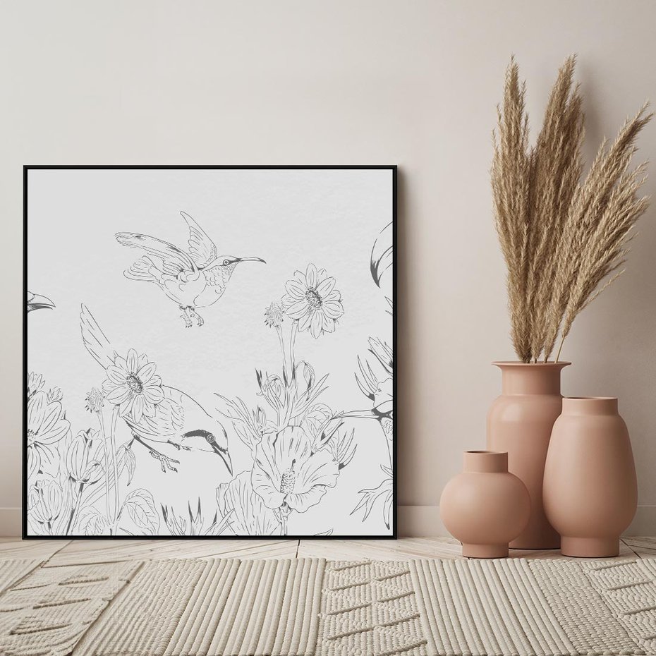 Obraz w ramie 50x50 - Tropiki w Monochromie - czarno biały szkic, tropikalne ptaki - rama czarna