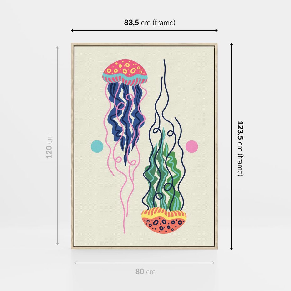Obraz w ramie 80x120 - Morskie Pulsacje - nowoczesny optymistyczny plakat, kolorowe meduzy - rama drewno